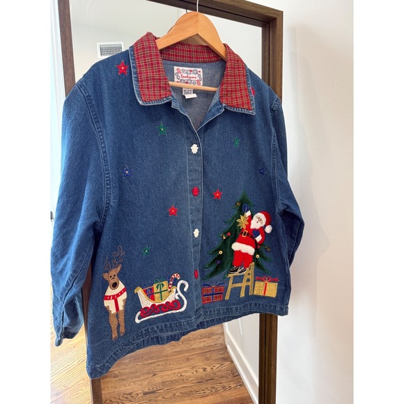 Tantrums Jackets & Blazers - Tantrums Vintage Christmas Denim Jacket Embroidered Santa Reindeer Plaid Collar